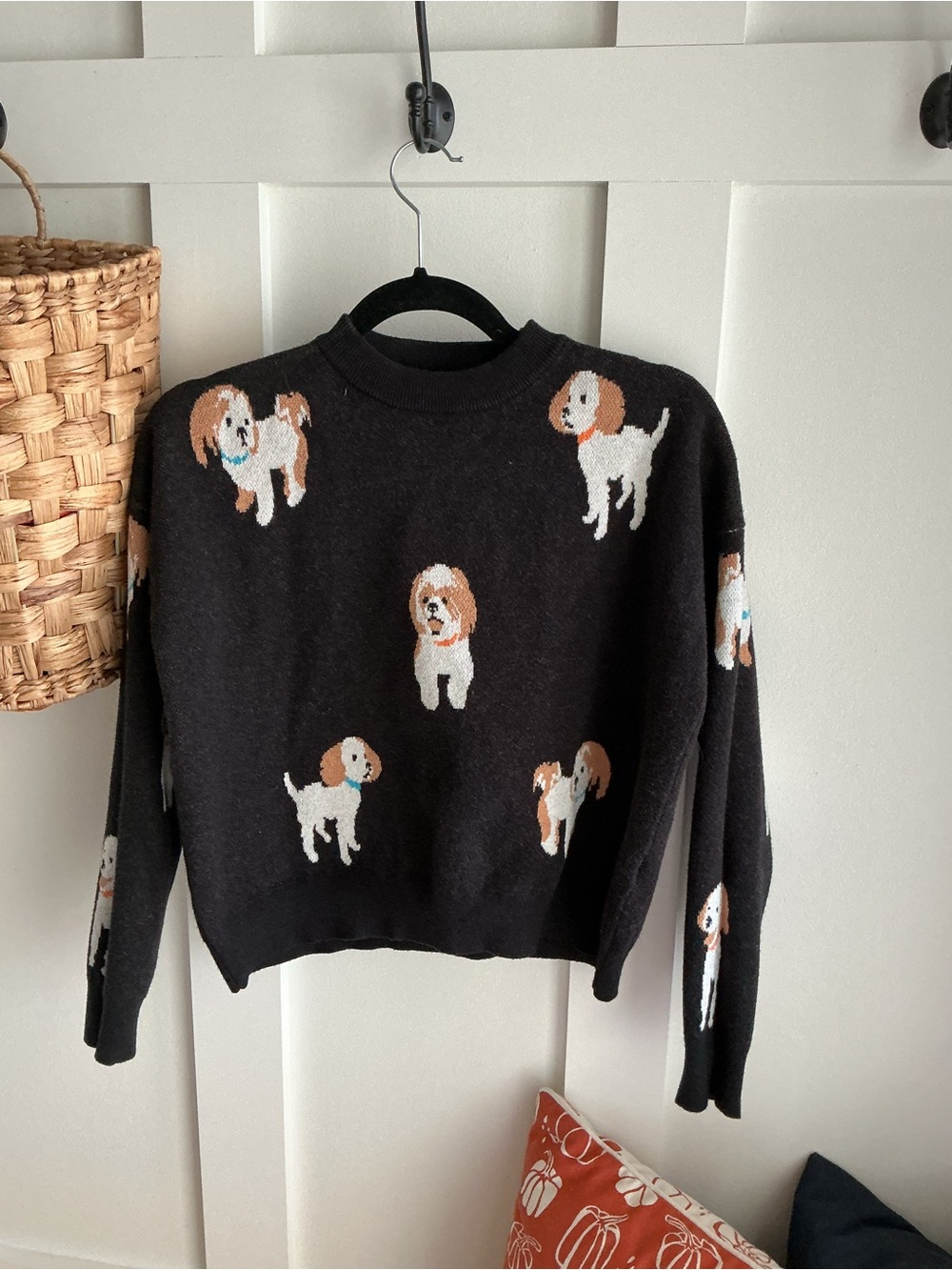 THML Black Crewneck Sweater with White & Tan Dog Motifs